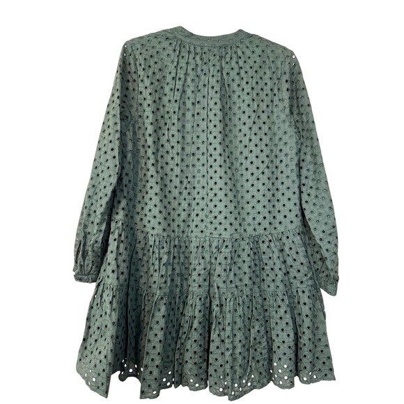 ASOS Green Eyelet Tiered Babydoll Mini Dress Long Sleeve Tie Neck Cotton Size 4 - Picture 3 of 10